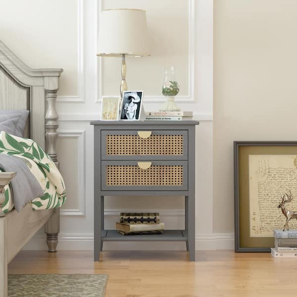 Boyel Living Gray 29 in. H 2-Drawer Side Table with Natural Rattan - Perfect for Bedroom, Living Room, and Study