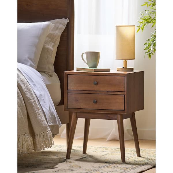Medium Brown 2 Drawers Acacia Wood Nightstand