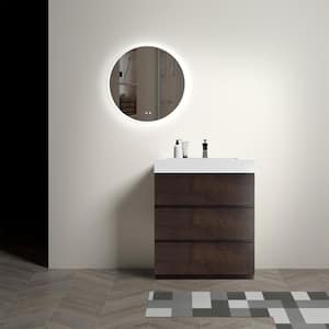 30 in. W Modern Freestanding Bathroom Vanity with 3-Drawers and White Gel Sink in Brown