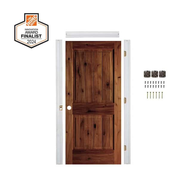 DIY 36in.x80in. Knotty Alder Square Top VG RH Red Chestnut Stain Wood Single Interior Door Kit w/ Quick Assemble Jamb