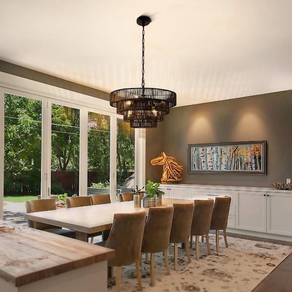 6-Light Black Metal Boho Chandelier with 4-Tier Handwoven Rattan Shade for Dining Room Kitchen, E12 No Bulbs Included