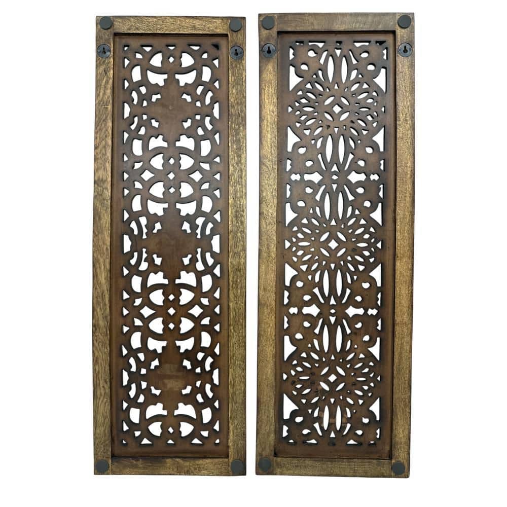 Rustic Brown Hand Carved Wooden Wall Panels, Set of Two