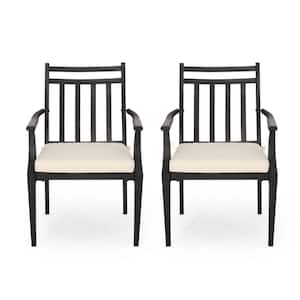 Delmar Matte Black Removable Cushions Metal Outdoor Patio Dining Chair with Beige Cushion (2-Pack)