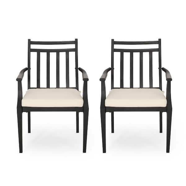 Delmar Matte Black Removable Cushions Metal Outdoor Patio Dining Chair with Beige Cushion (2-Pack)