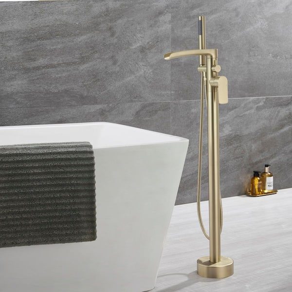 2-Handle Freestanding Tub Faucet Floor Mounted Bathtub Filler Faucet with Hand Shower in Brushed Gold