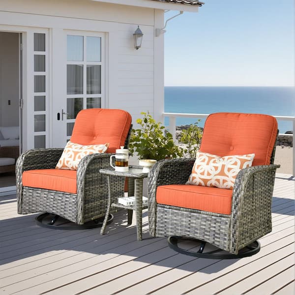 Noah Gray 3-Piece Wicker Outdoor Patio Conversation Furniture Set with Swivel Chairs, Side Table, Orange Red Cushions
