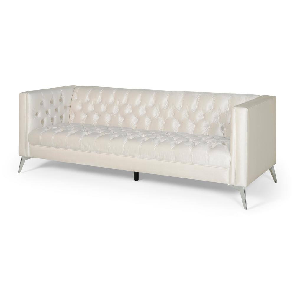 Beige Velvet Tufted Tuxedo 3-Seater Sofa with Wood Frame