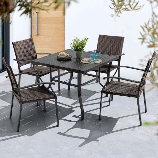 Black 5-Piece Iron and Wicker Square Outdoor Dining Set with 1.57 ft. Umbrella Hole