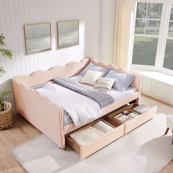 Corland Modern Pink Gingham Linen Upholstered Queen Size Daybed with Drawers and USB Port, Adorable Wave Shaped