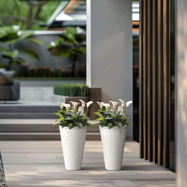Large and Tall 15in. High Round Frost White Plastic Planter Pots for Indoor/Outdoor Plants Set of 2