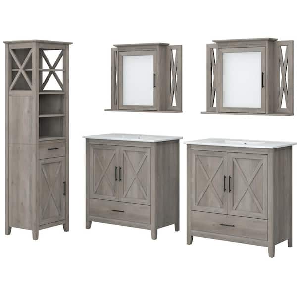 Key West 31.89 in. W x 18.31 in. D x 34.06 in. H Double Sink Bath Vanity in Driftwood Gray with White Top and Mirror