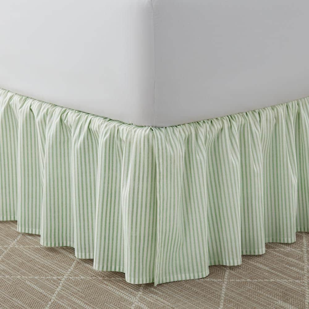 Classic Green Cotton Full Ruffled Bed Skirt with Stripes