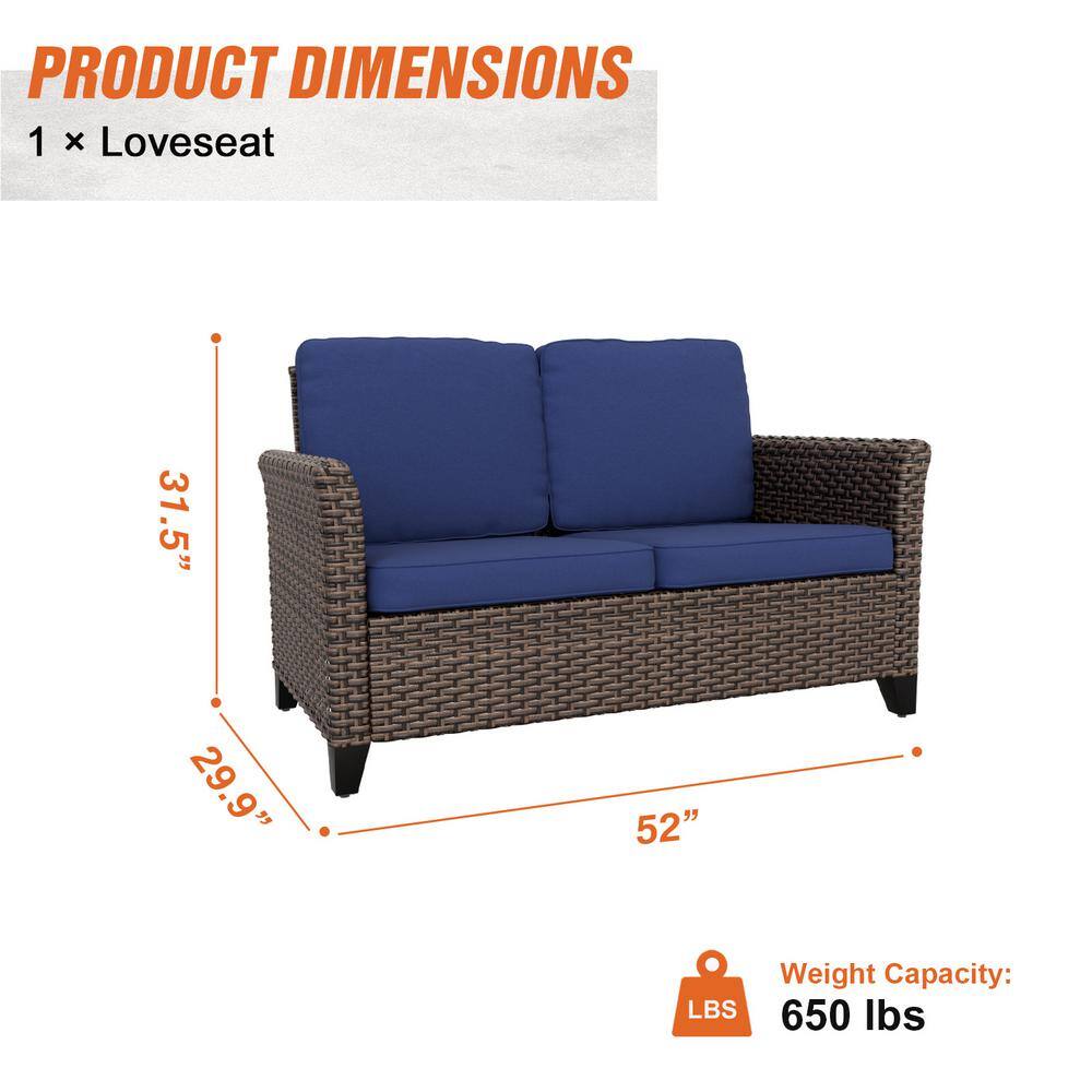 Powder Coated Black Steel Two-Seater Wicker Loveseat with Blue Cushions