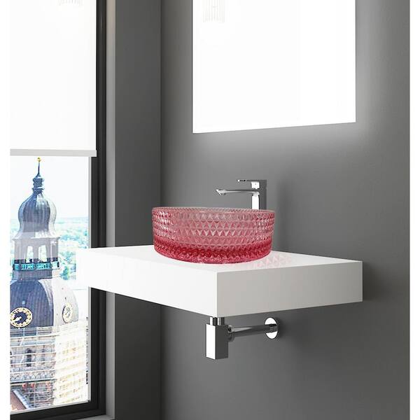 castellousa 30 in. Wall Mounted Bathroom Countertop Shelf in White Solid Surface with Pink Round ...