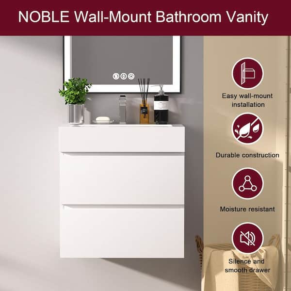 24 in. Wall Mount Modern Single Sink White Bath Vanity with One-Piece White Solid Surface Top Sink Pre-assembled