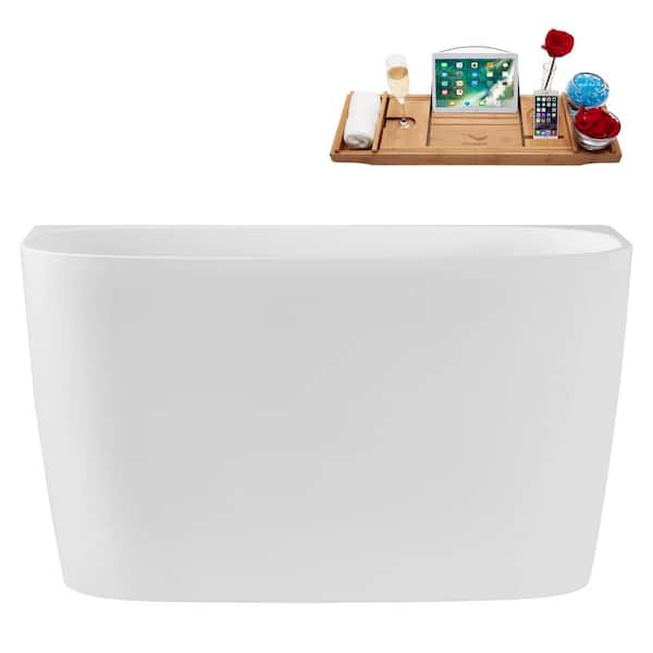 47 in. x 23 in. Acrylic Freestanding Soaking Bathtub in Glossy White with Brushed Nickel Drain, Bamboo Tray