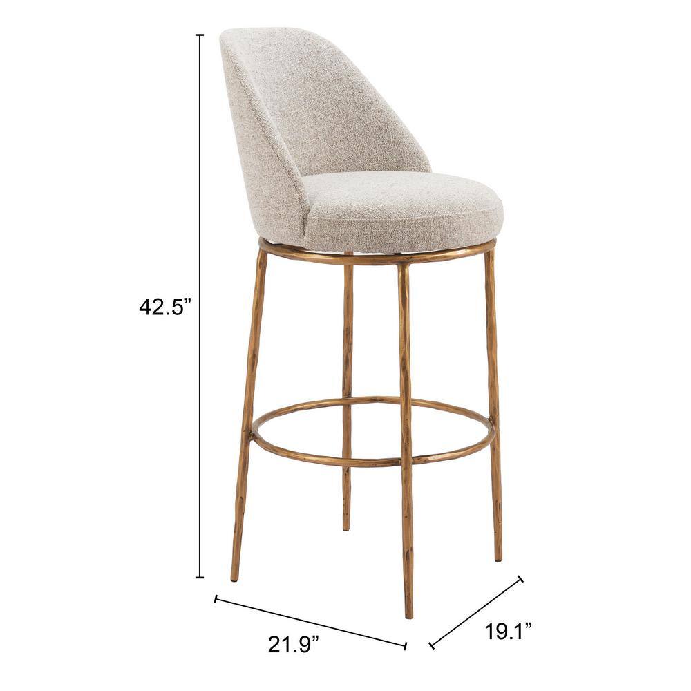 Beige and Gold Swivel Bar Stool with Metal Frame