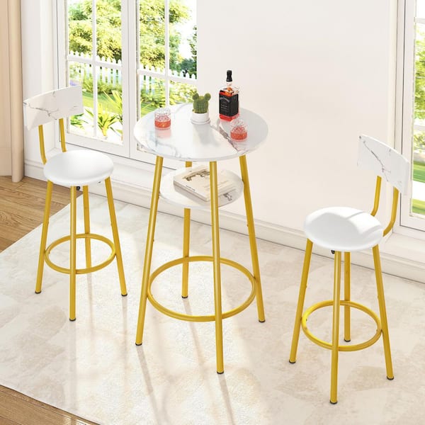 YOFE 3-Piece Round Elegant White MDF Wood Top Bar Table Set with 2 PU Soft Seat, Small Space Dining Table Set Seats 2