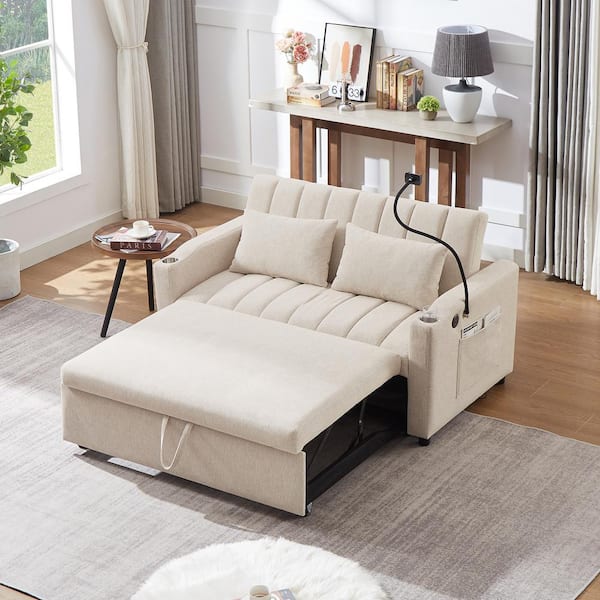 55.9 in. Beige Fabric 2 Seats Loveseats with 3 USB Ports, 2 Cup Holders and Phone Holder