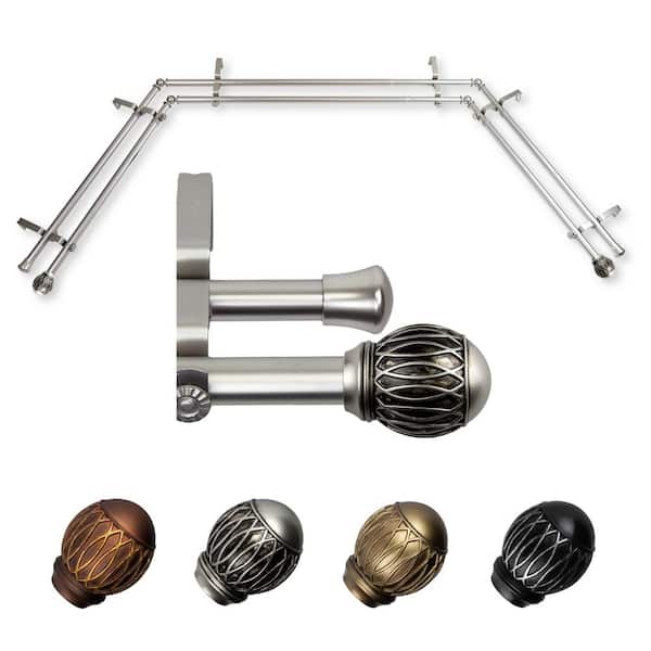 EMOH Yvaine 20-36 in. sides, 38-72 in. center Adjustable Bay Window Double Curtain Rod 13/16 in. in Satin Nickel with Finial