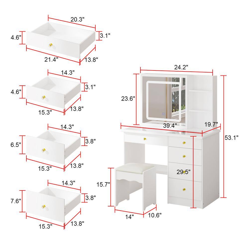 White Makeup Vanity Set Dressing Desk with Glass Top, Sliding LED Lighted Mirror, Drawers, Storage Shelves and Stool - thumbnail 8