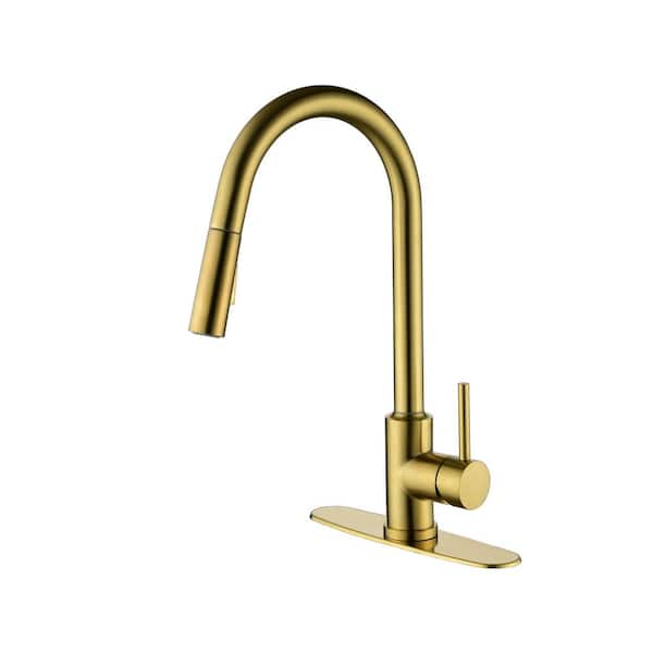 Lukvuzo Sleek Single Handle High Arc Stainless Steel Pull Down Sprayer Kitchen Faucet in Brushed Gold