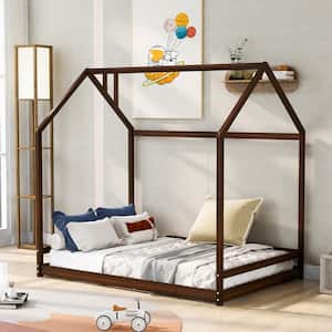 Espresso Full Size House Bed Frame Floor Platform Bed for Kids and Toddler, Wood House Roof Canopy Platform Bed Frame