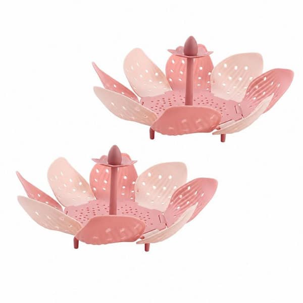 2-Pack Vegetable Steamer Basket, Folding Expandable Steamer with Silicone Insulated Handle, Steamer Basket for Pot, Pink
