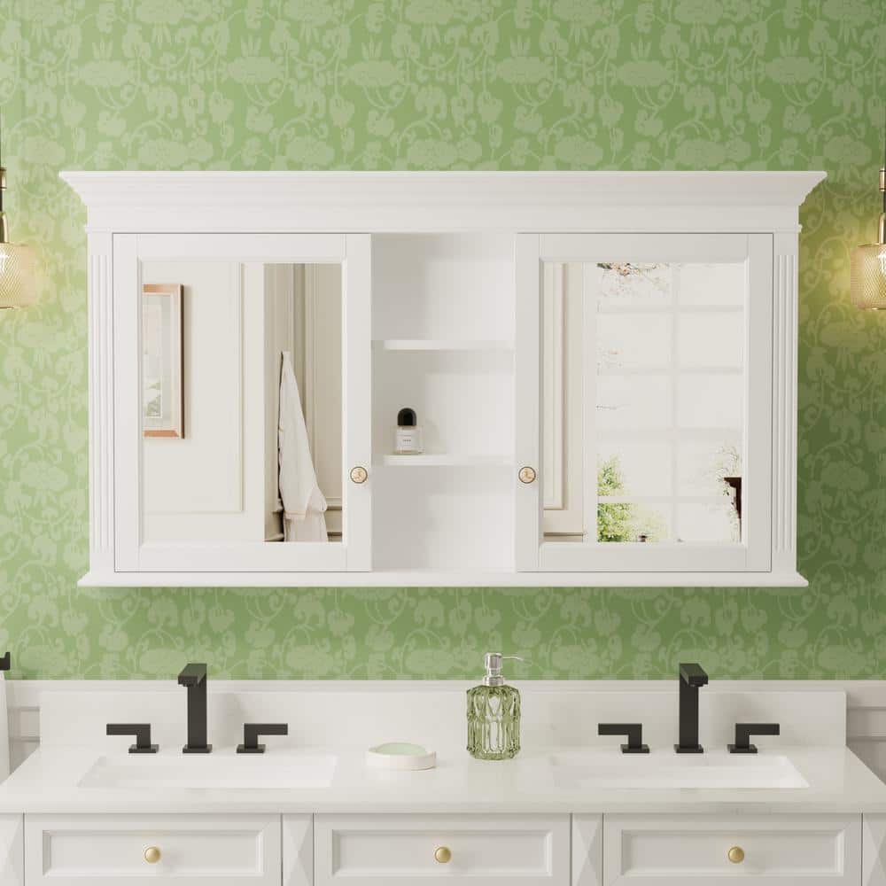 55 in. W x 30 in. H Rectangular Solid Wood White Medicine Cabinet with Mirror Surface Mount price history on PriceWatchPro