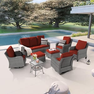 8-Piece Patio Conversation Sofa Set Gray Wicker with Swivel Rocking Chair and Side Table, Rust Red