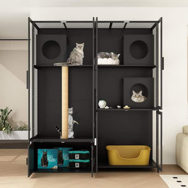 FUFU&GAGA Cat Litter Box Enclosure with Cat Tree Tower, Scratching Posts, Platform, Indoor Large Cat House Furniture with 8-Doors