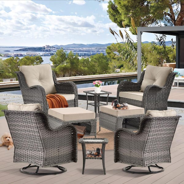 kuurfuurdo Gray 8-Piece Wicker Outdoor Swivel Rocking Chairs Patio Conversation Set with Beige Cushions and Ottomans