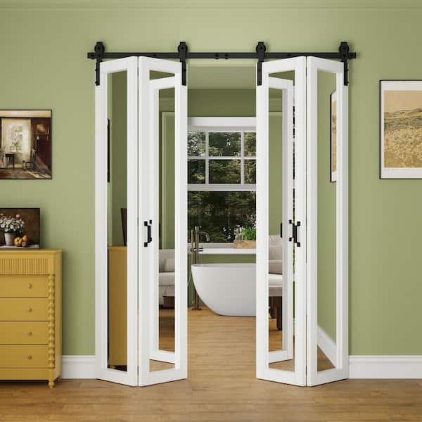 72 in. x 84 in. Pre-Drilled 1 Lite Mirrored Glass White Primed MDF Bifold Sliding Barn Door with Hardware Kit