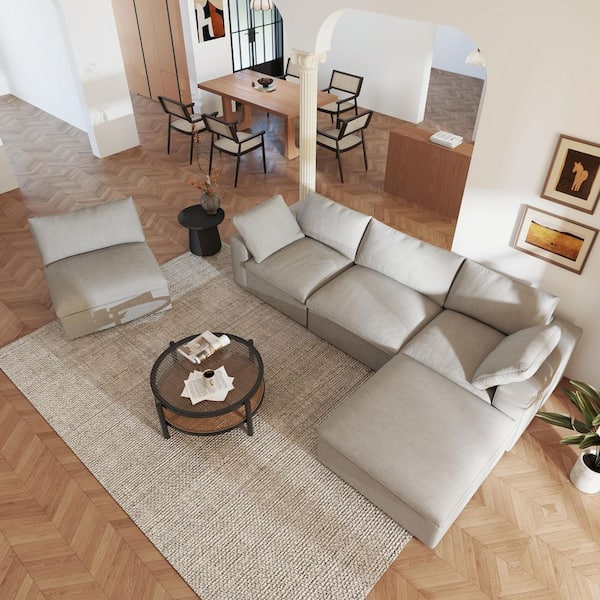 Storage 157 in. Square Arm Down Filled Linen 4-Seater Cloud Modular Tuxedo Sofa in Gray with Ottoman, Removable Covers