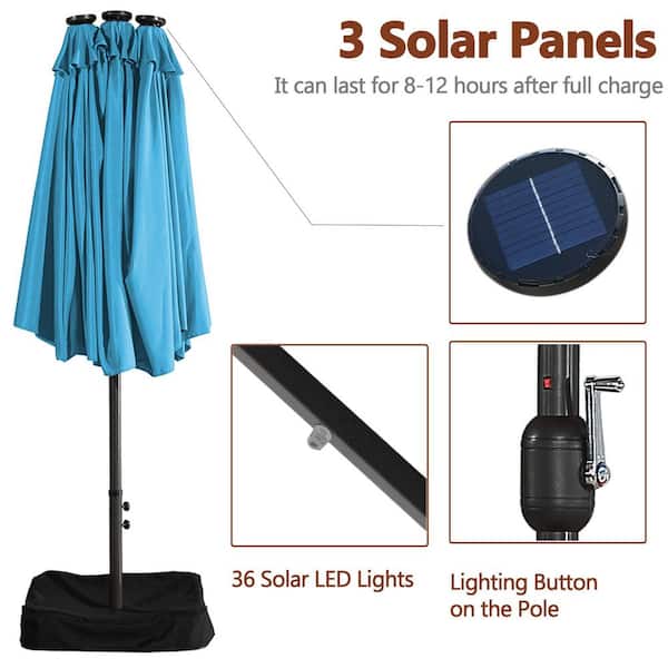 15 ft. Patio Market Umbrella Double-Sided Outdoor Patio Umbrella with Base and Solar LED Lights in Turquoise
