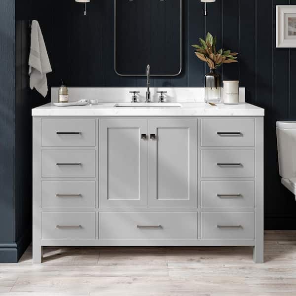 ARIEL Cambridge 54 in. W x 22 in. D x 36 in. H Single Rectangle Sink Bath Vanity in Grey with Carrara White Quartz Top