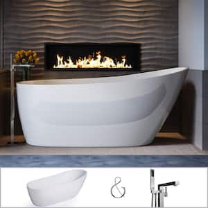 W-I-D-E Series Wakefield 69 in. Acrylic Slipper Freestanding Tub in White, Floor-Mount Square-Post Faucet in Nickel