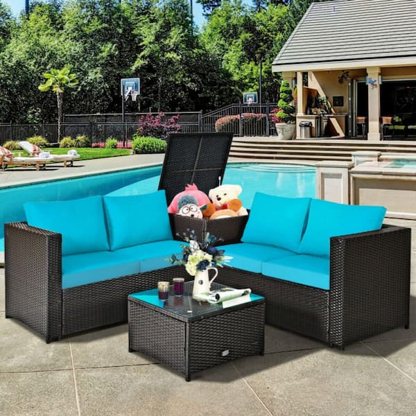 4-Piece Outdoor Patio Rattan Furniture Set with Storage Box and Cushion in Turquoise