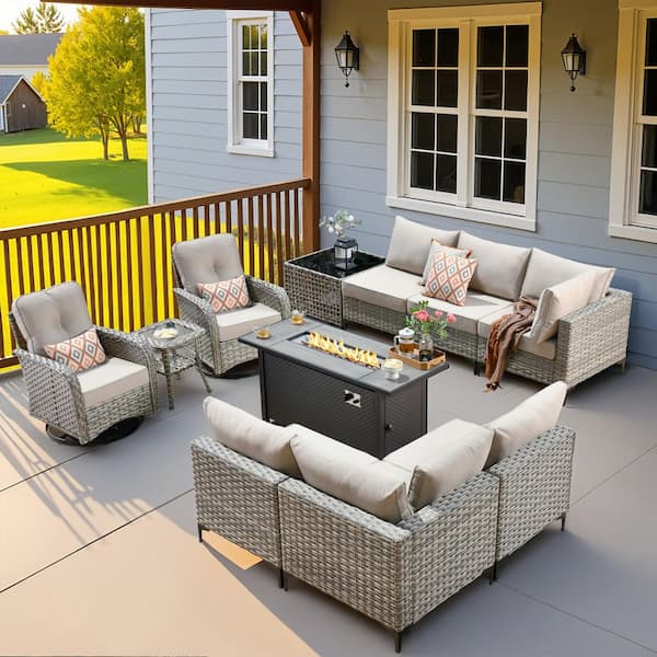 Howell 11-Piece Wicker Outdoor Furniture Patio Fire Pit Conversation Sofa Set with Swivel Chairs and Beige Cushions
