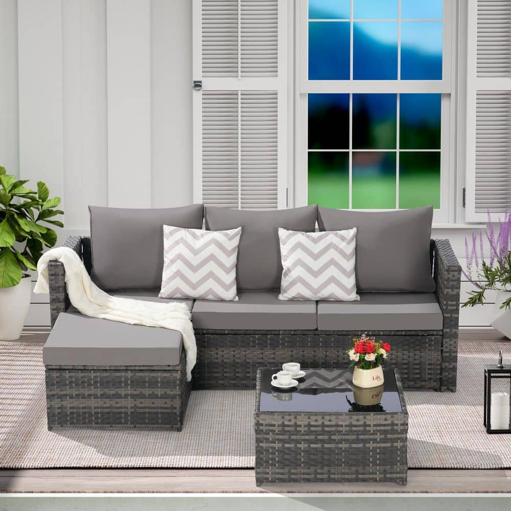 Gray 3-Piece Wicker Outdoor Sectional Set with Dark Gray Cushions, Patio Ra