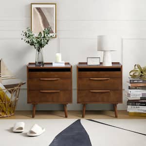 Kate Walnut Mid-century Style 3-Drawer 24 in. W Nightstand with Solid Wood Legs Set of 2
