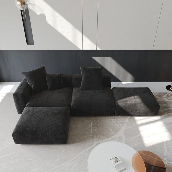 J&E Home 129.92 in. Square Arm Corduroy Velvet 4-Pieces Modular Free Combination Sectional Sofa with Ottoman in. Black