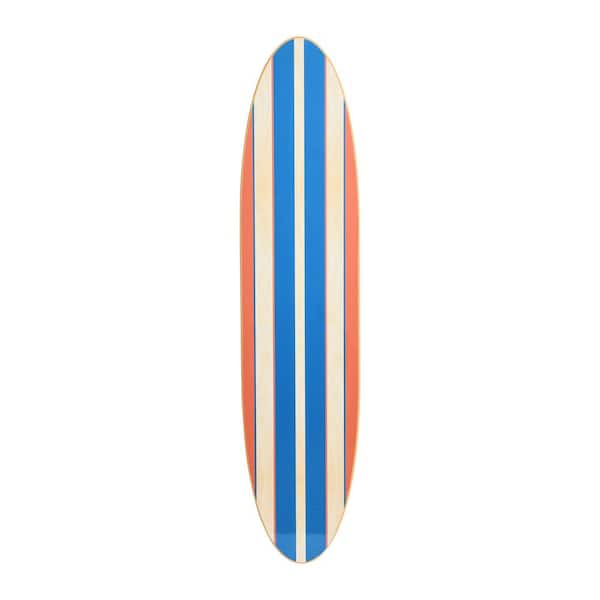 Storied Home Coastal Decorative Surfboard Wood Wall Art Decor for Living Room Contemporary Red and Blue Stripes on Natural Wood