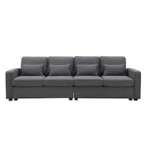 114 in. Wide 4 seats Square Arm with pockets Linen Fabric Modern Sofa in Dark Gray