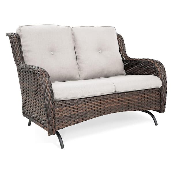 Gymojoy Carolina 2-Person Borwn Wicker Rocking Bench Outdoor Glider Patio Rattan Loveseat with Beige Cushions