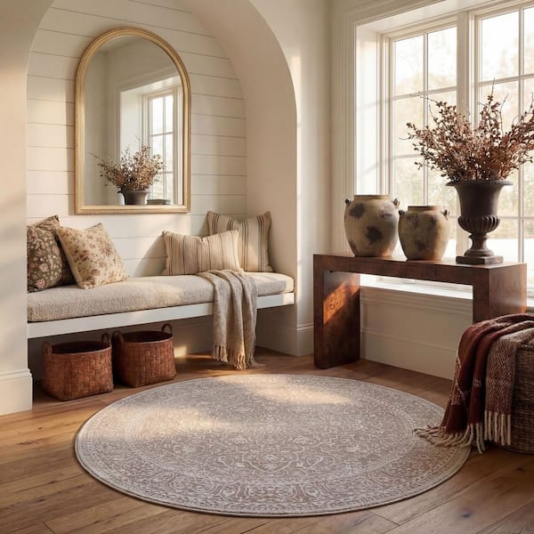 Reflection 3 ft. x 3 ft. Round Beige/Cream Distressed Floral Area Rug