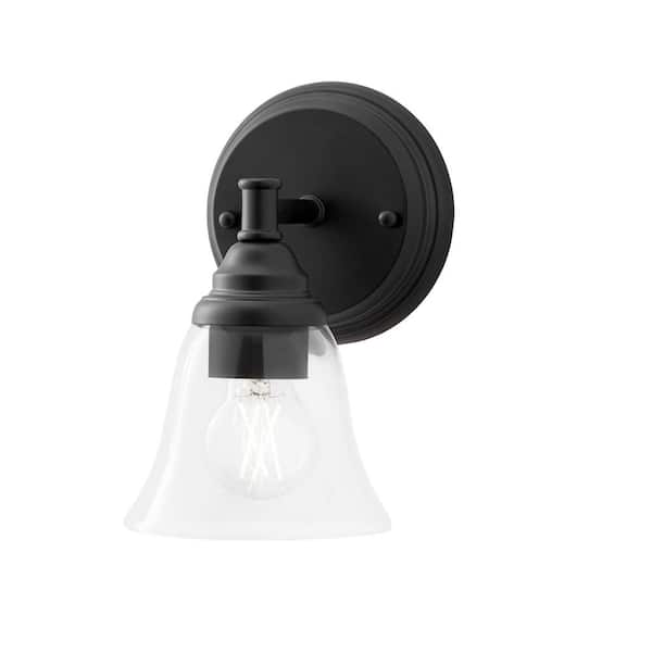 Hampton Bay Marsden 5.5 in. 1-Light Matte Black Transitional Wall Sconce with Clear Glass Shade