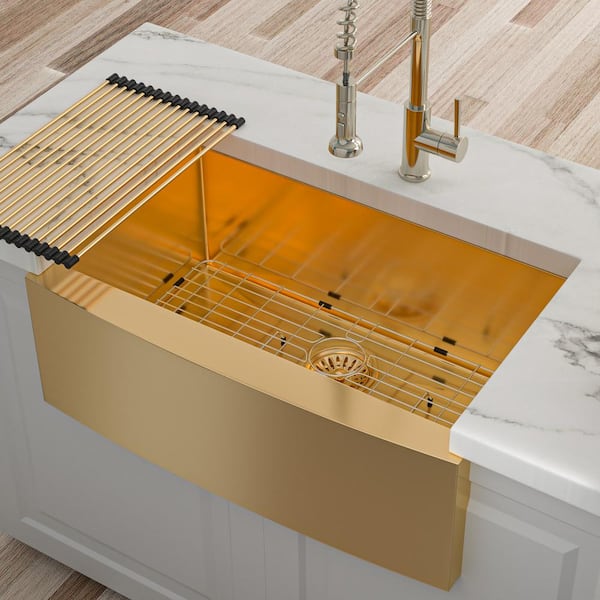 36 in. Farmhouse Single Bowl 16-Gauge Gold Stainless Steel Kitchen Sink with Bottom Grids
