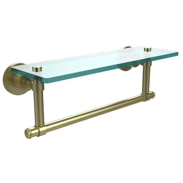 Allied Brass Washington Square16 in. L x 4 in. H x 5 in. W Clear Glass Vanity Bathroom Shelf with Towel Bar in Satin Brass