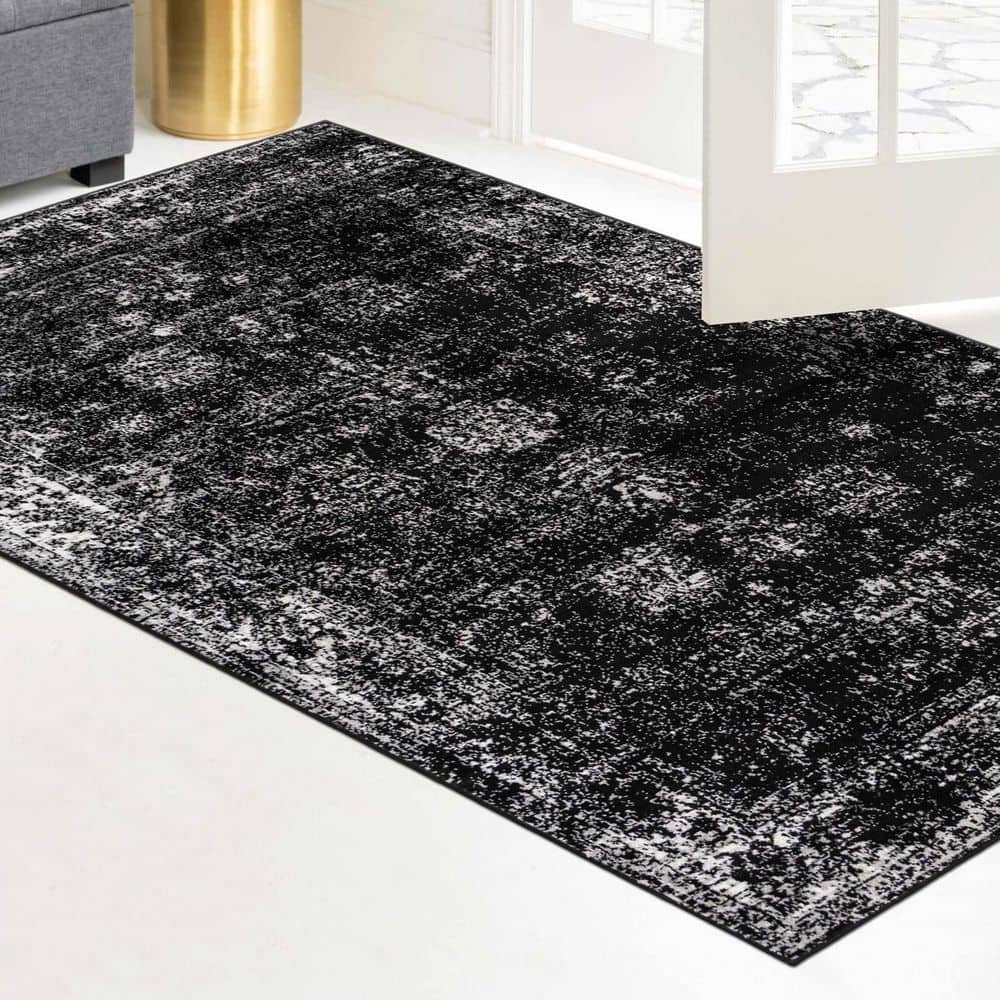 Black and Gray Floral Motif Low Pile Area Rug